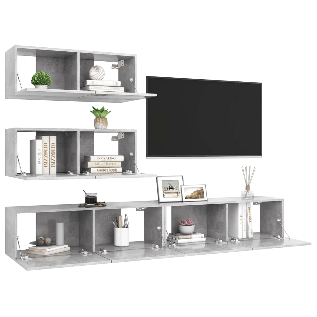 Ensemble de meubles TV 4 pièces en béton gris à base de bois