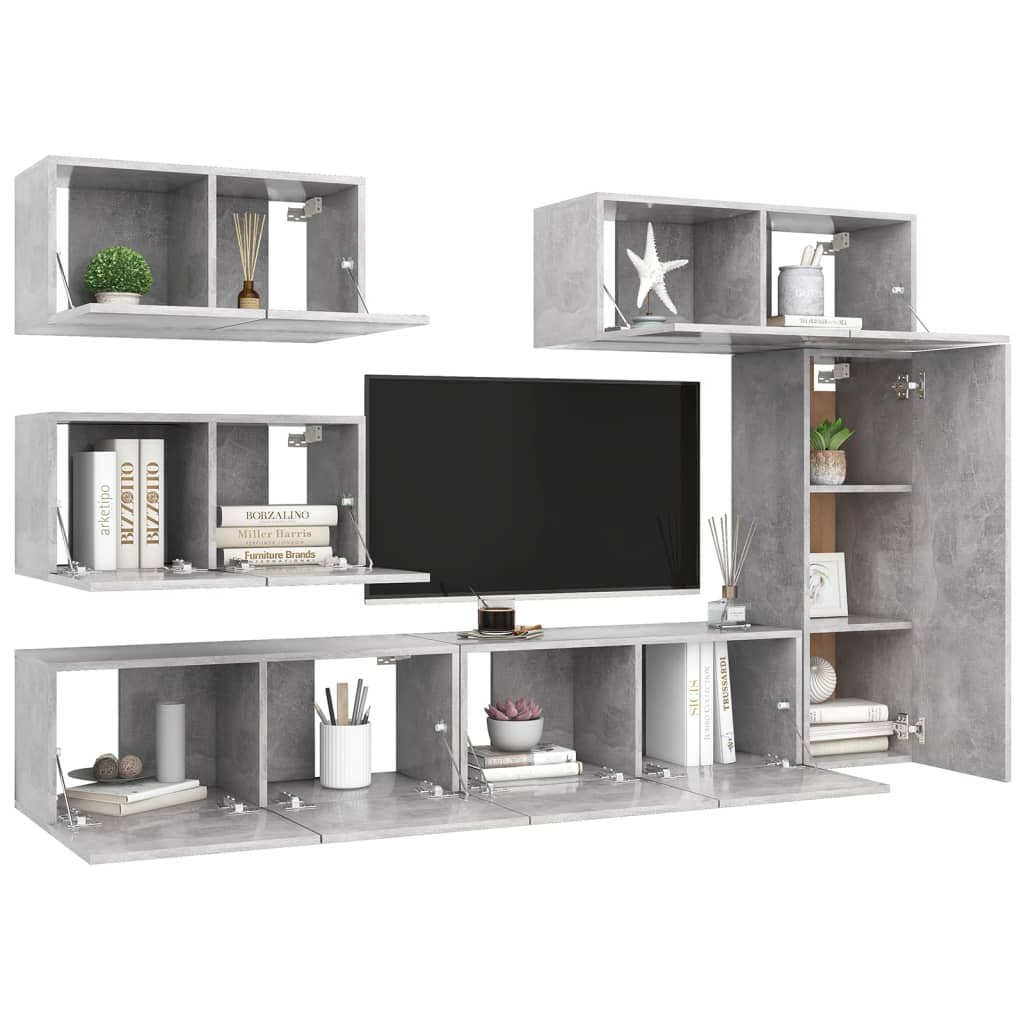 Ensemble de meubles TV 6 pièces en béton gris à base de bois