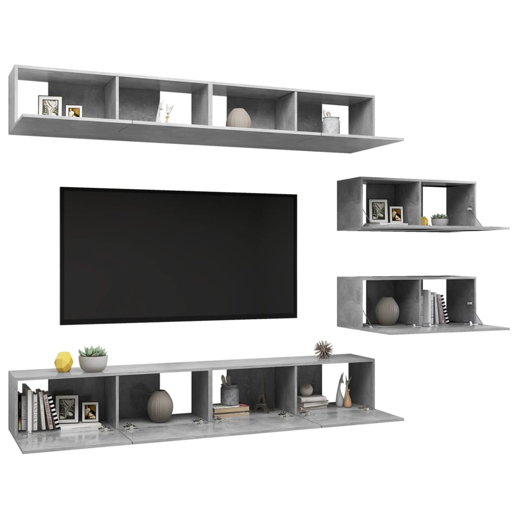Ensemble de meubles TV 6 pièces en béton gris à base de bois