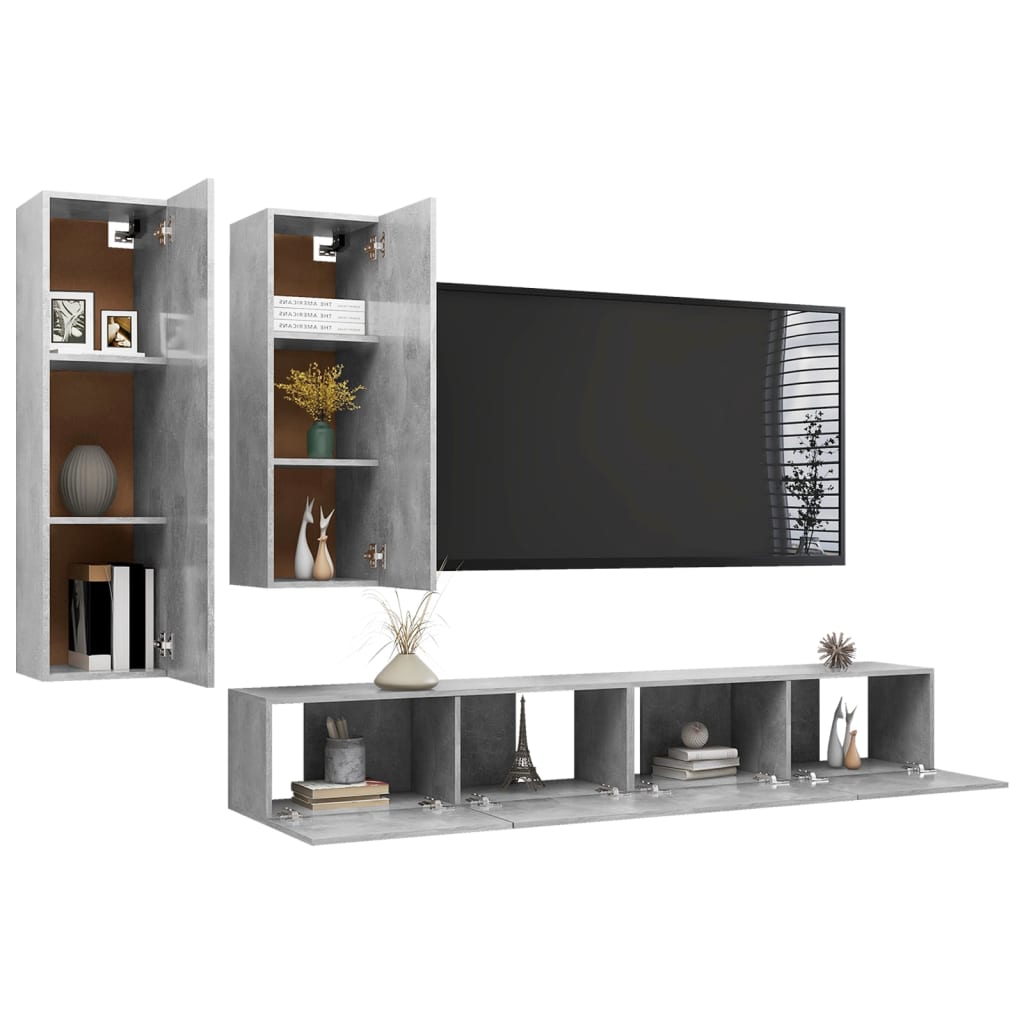 Ensemble de meubles TV 4 pièces en béton gris à base de bois