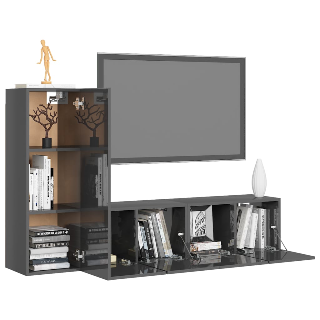 Ensemble de meubles TV 3 pièces, gris brillant, matériau à base de bois