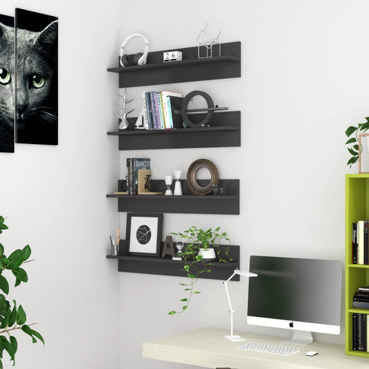 Wall shelves 4 pcs. High gloss grey 80x11.5x18 cm wood material