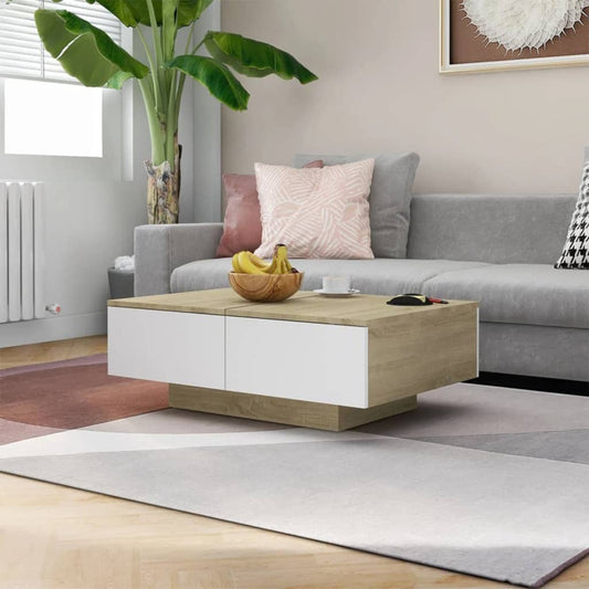 Couchtisch Weiß und Sonoma-Eiche 90x60x31 cm Holzwerkstoff