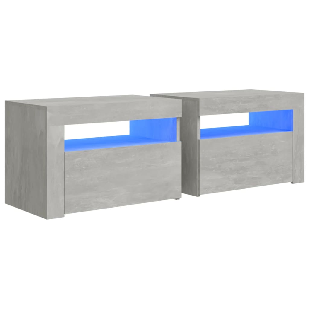 Tables de chevet 2 pièces avec LED gris béton 60x35x40 cm