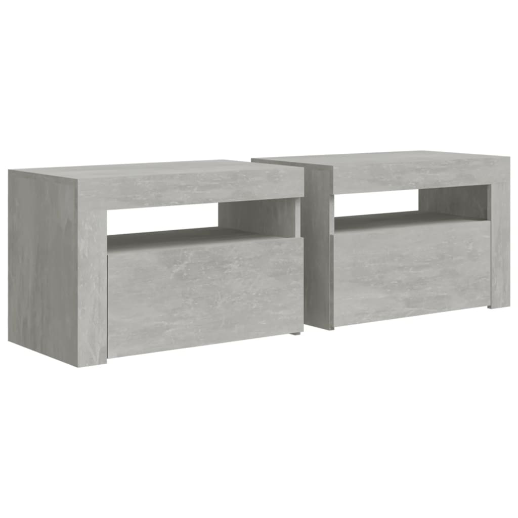 Tables de chevet 2 pièces avec LED gris béton 60x35x40 cm