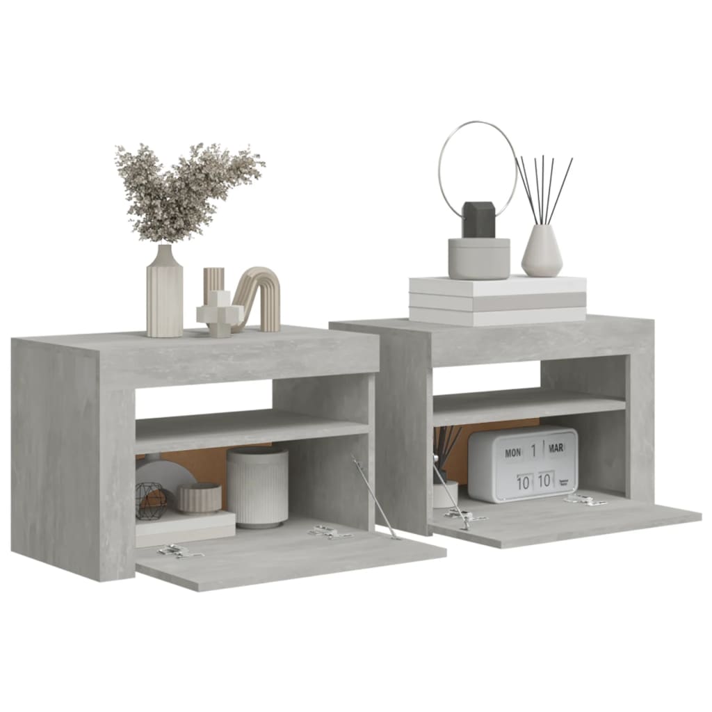 Tables de chevet 2 pièces avec LED gris béton 60x35x40 cm