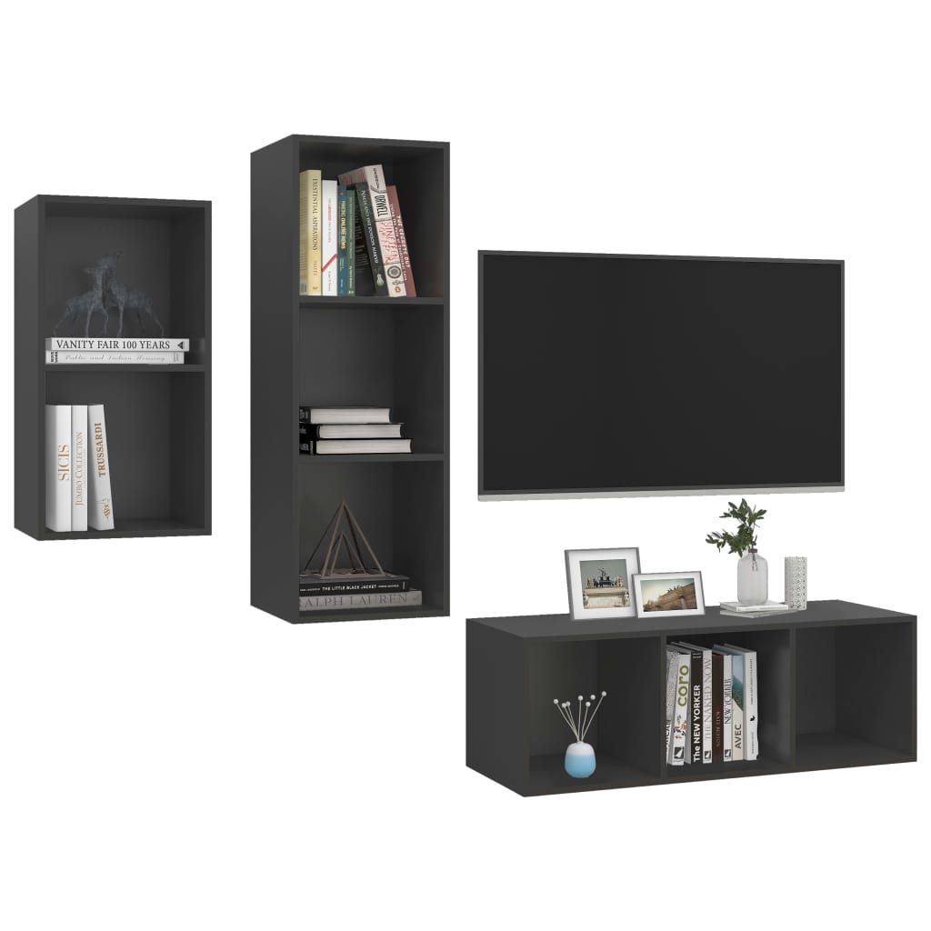 Ensemble de meubles TV 3 pièces, matériau à base de bois gris