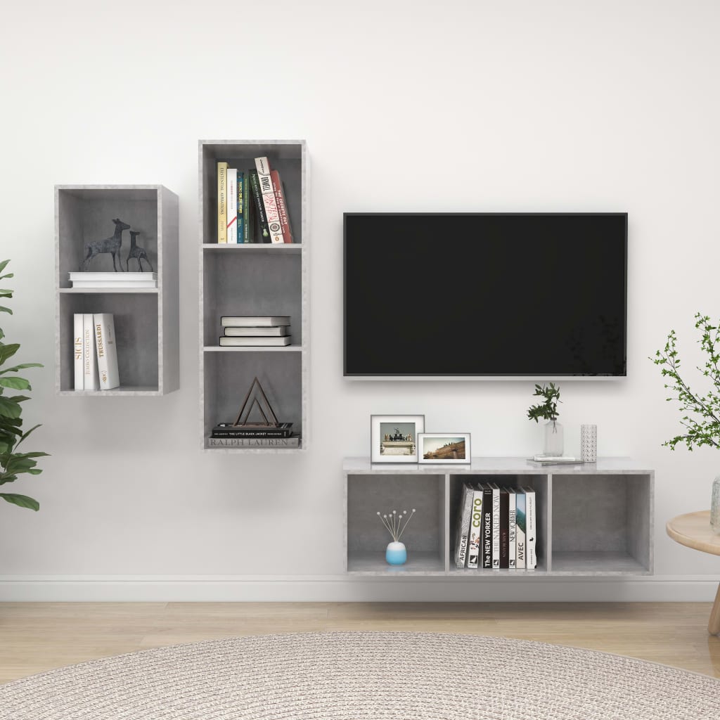 Ensemble de meubles TV 3 pièces en béton gris à base de bois