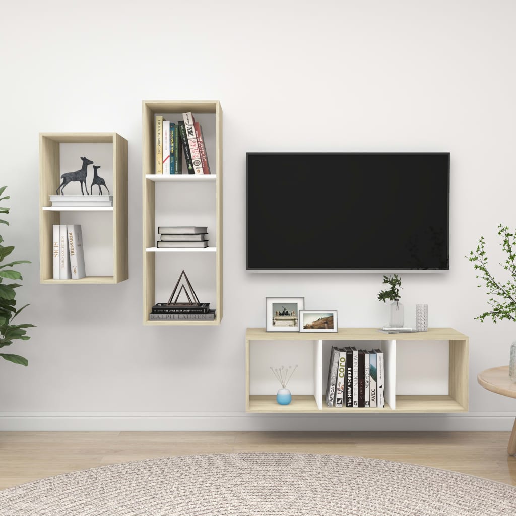 Ensemble de meubles TV 3 pièces en bois de chêne Sonoma blanc