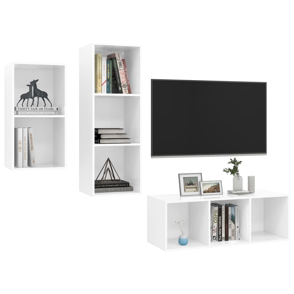 Ensemble de meubles TV 3 pièces, blanc brillant, matériau à base de bois