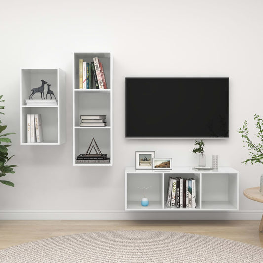 Ensemble de meubles TV 3 pièces, blanc brillant, matériau à base de bois
