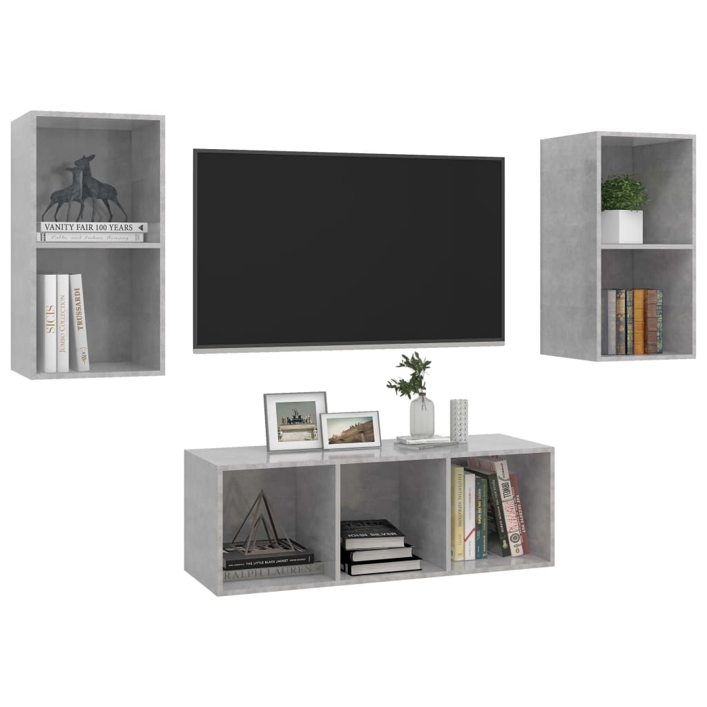 Ensemble de meubles TV 3 pièces en béton gris à base de bois