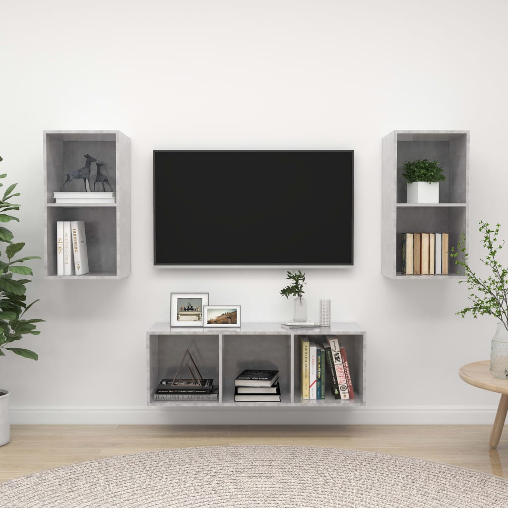 Ensemble de meubles TV 3 pièces en béton gris à base de bois