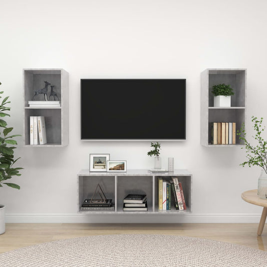 Ensemble de meubles TV 3 pièces en béton gris à base de bois