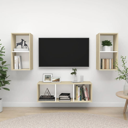 Ensemble de meubles TV 3 pièces en bois de chêne Sonoma blanc