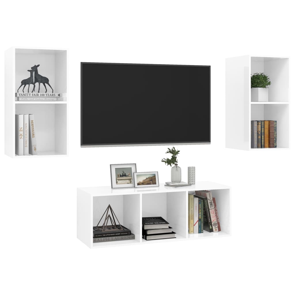 Ensemble de meubles TV 3 pièces, blanc brillant, matériau à base de bois
