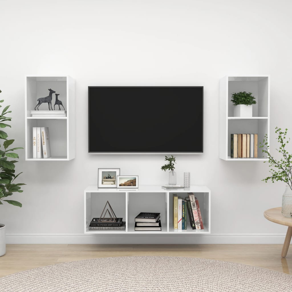 Ensemble de meubles TV 3 pièces, blanc brillant, matériau à base de bois