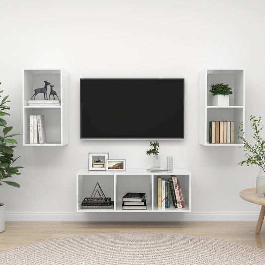 Ensemble de meubles TV 3 pièces, blanc brillant, matériau à base de bois