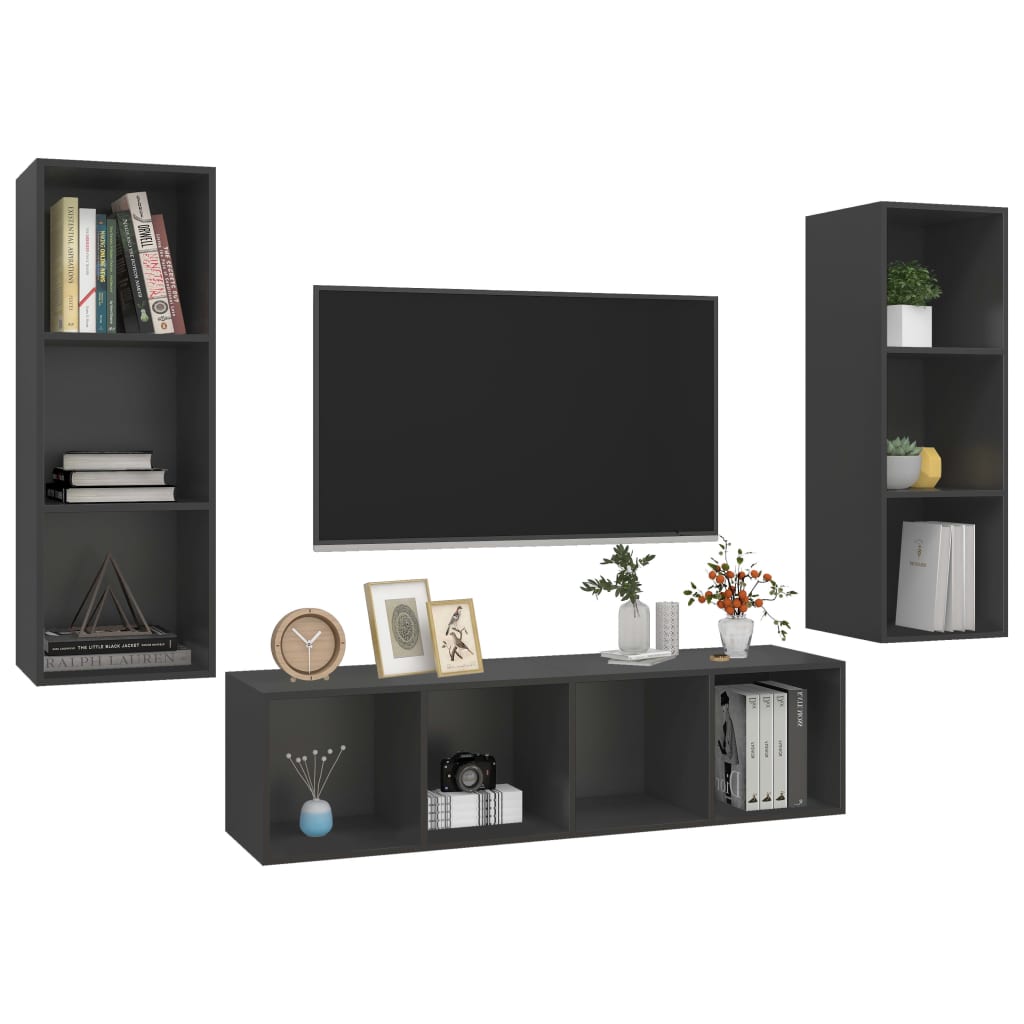 Ensemble de meubles TV 3 pièces, matériau à base de bois gris