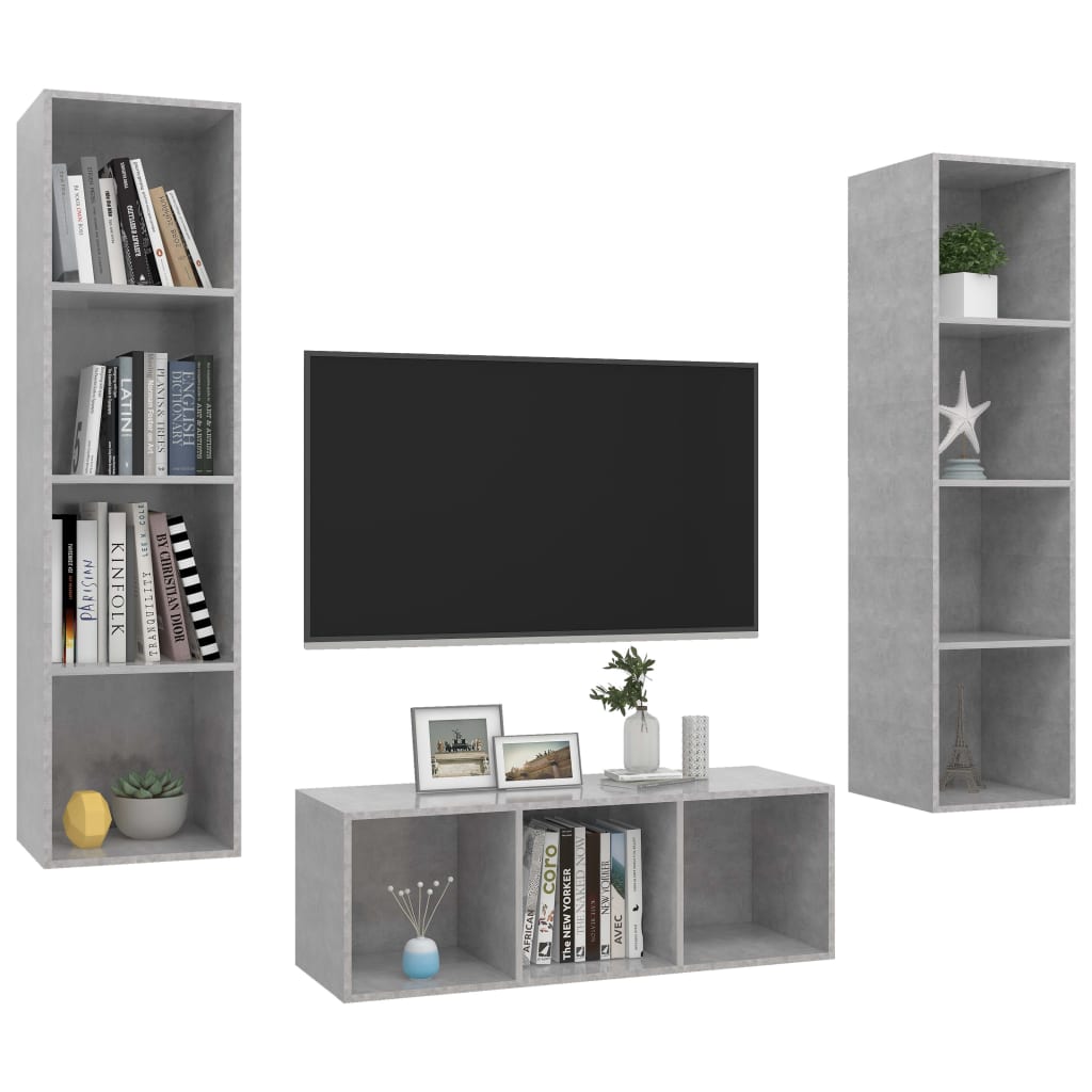 Ensemble de meubles TV 3 pièces en béton gris à base de bois