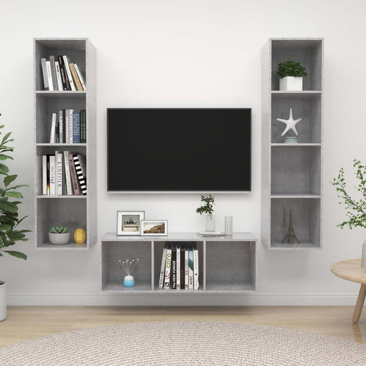 Ensemble de meubles TV 3 pièces en béton gris à base de bois