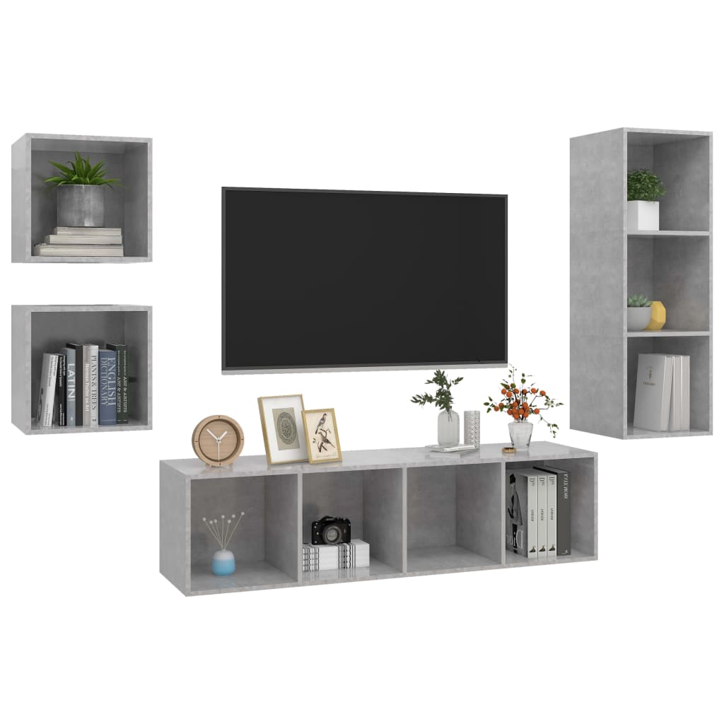 Ensemble de meubles TV 4 pièces en béton gris à base de bois