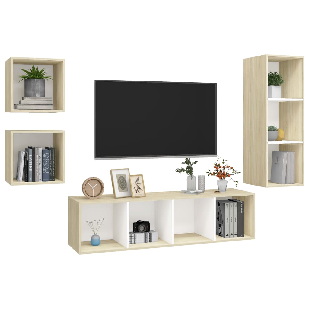 Ensemble de meubles TV 4 pièces en bois de chêne Sonoma blanc
