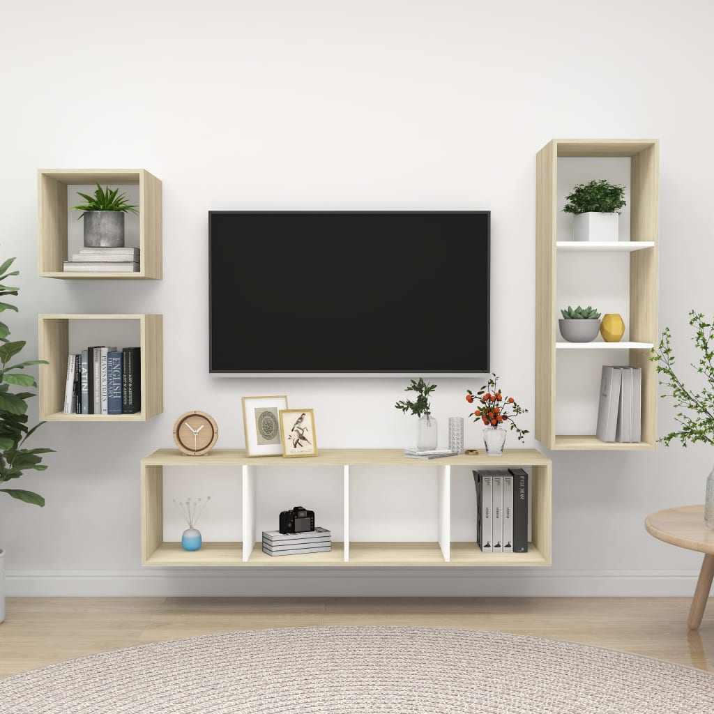 Ensemble de meubles TV 4 pièces en bois de chêne Sonoma blanc
