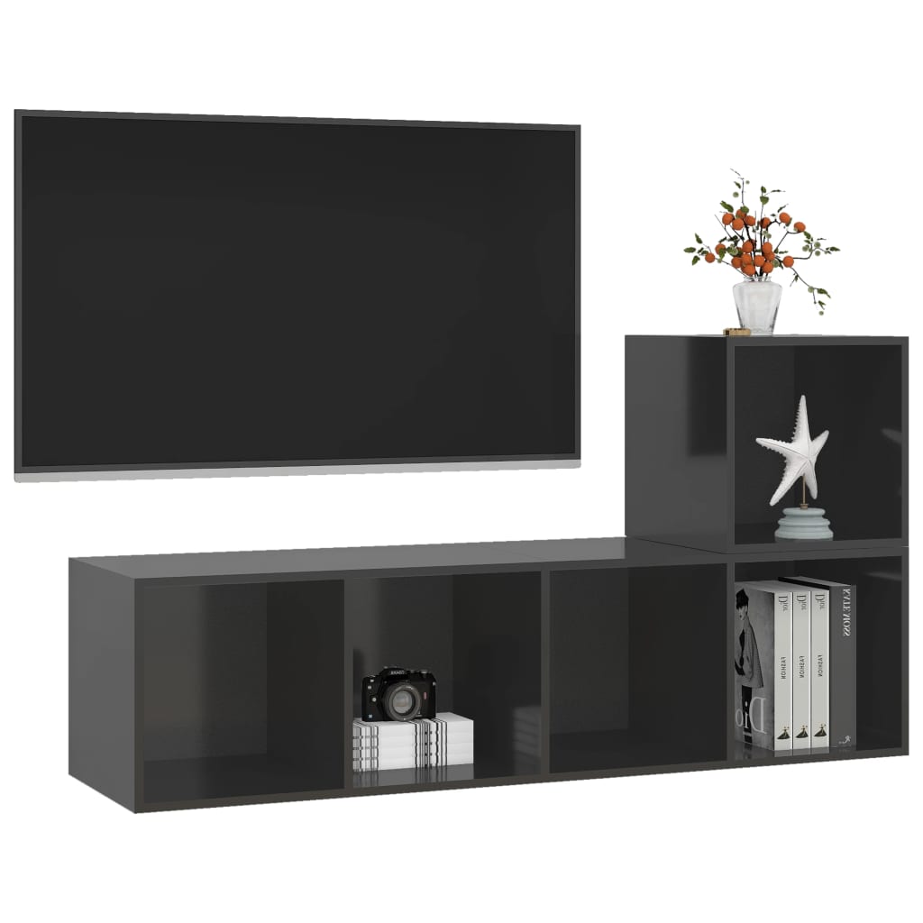 2-piece TV cabinet set, high-gloss grey, wood-based material