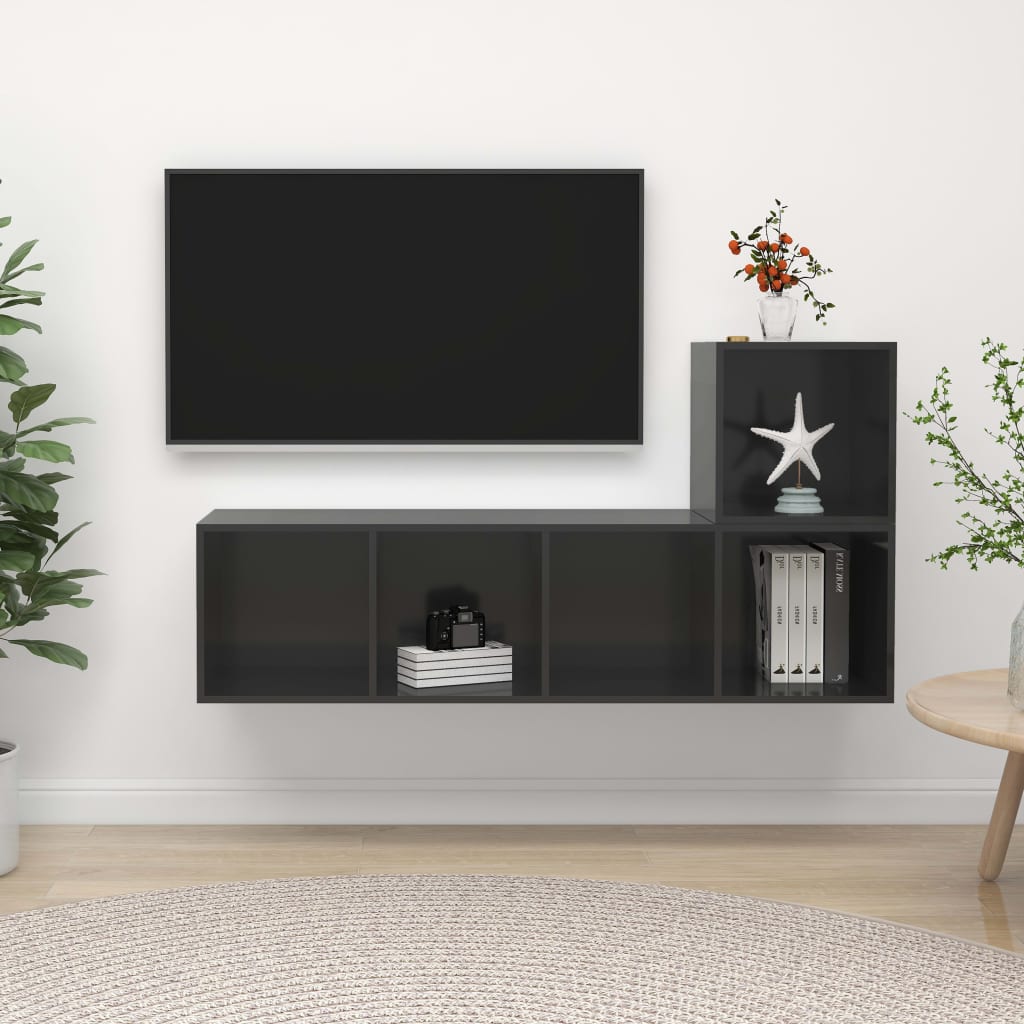 2-piece TV cabinet set, high-gloss grey, wood-based material