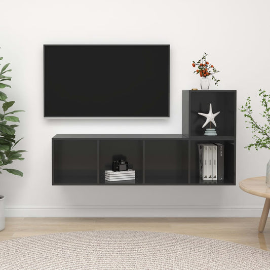 2-piece TV cabinet set, high-gloss grey, wood-based material