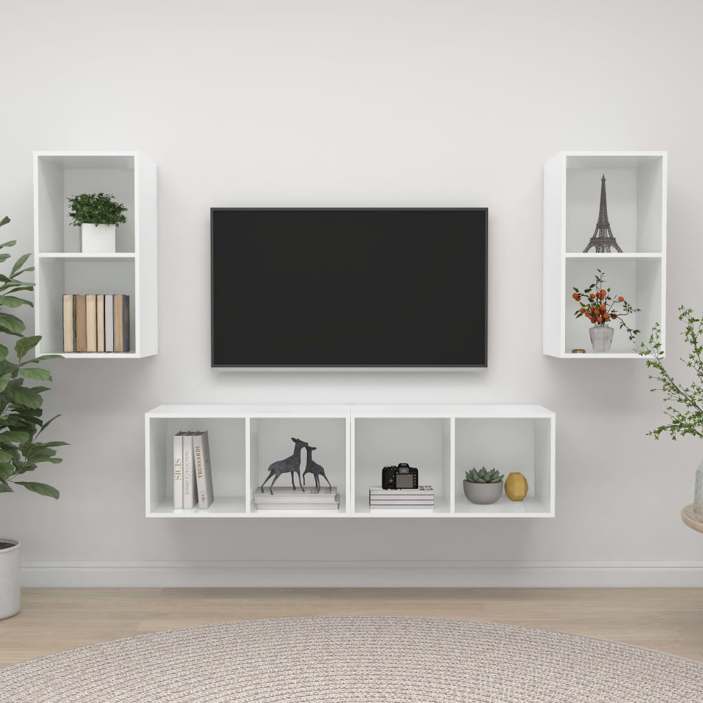 TV wall cabinets 4 pcs. High-gloss white wood material