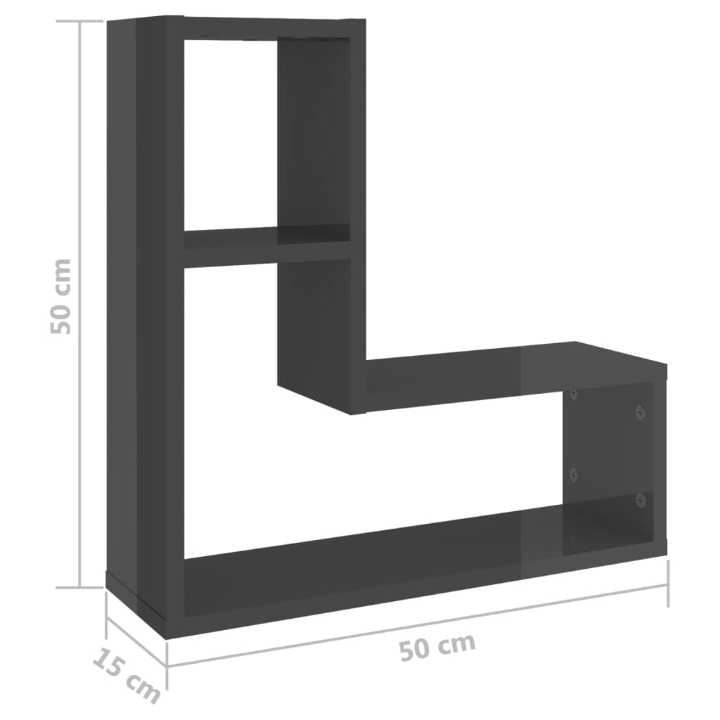 Wall shelves 2 pcs. High gloss grey 50x15x50 cm wood material