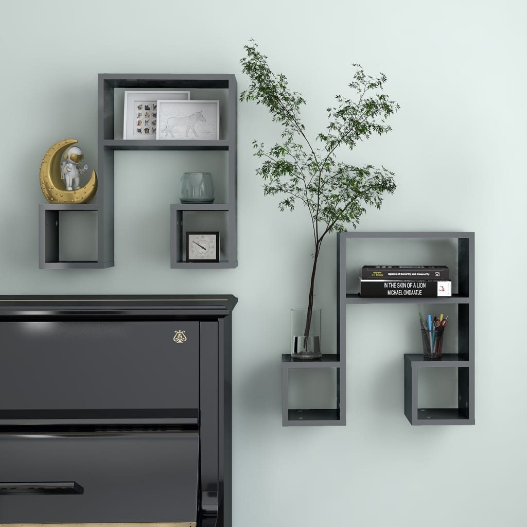 Wall shelves 2 pcs. High gloss grey 50x15x50 cm wood material