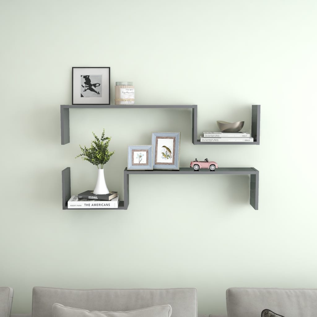 Wandregale 2 Stk. Hochglanz-Grau 100x15x20 cm Holzwerkstoff