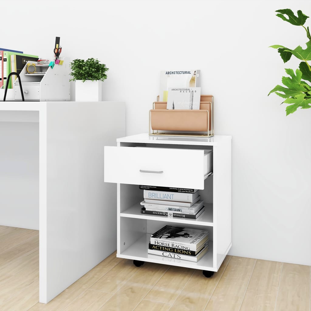 Rolling Cabinet High Gloss White 46x36x59 cm Wood Material