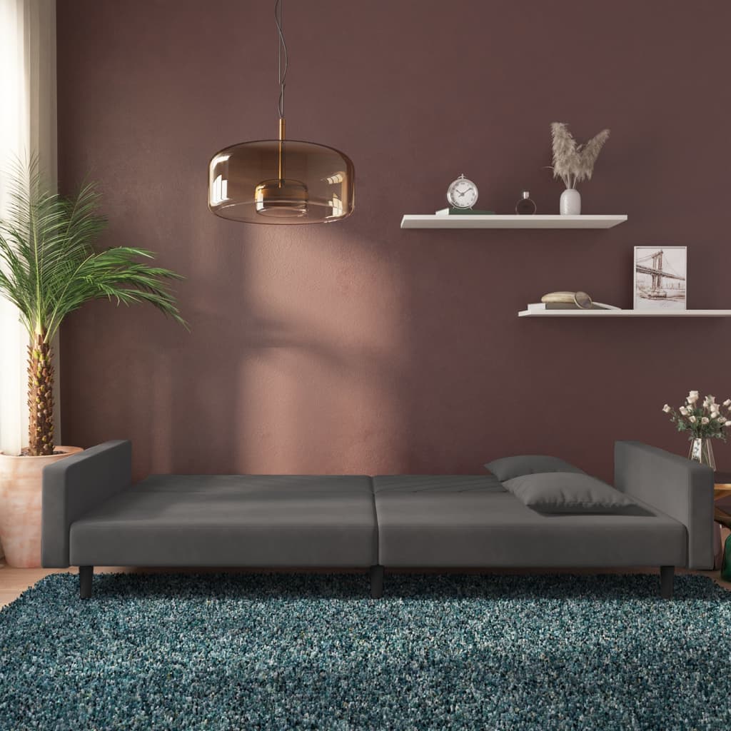 Schlafsofa 2-Sitzer mit 2 Kissen Dunkelgrau Samt