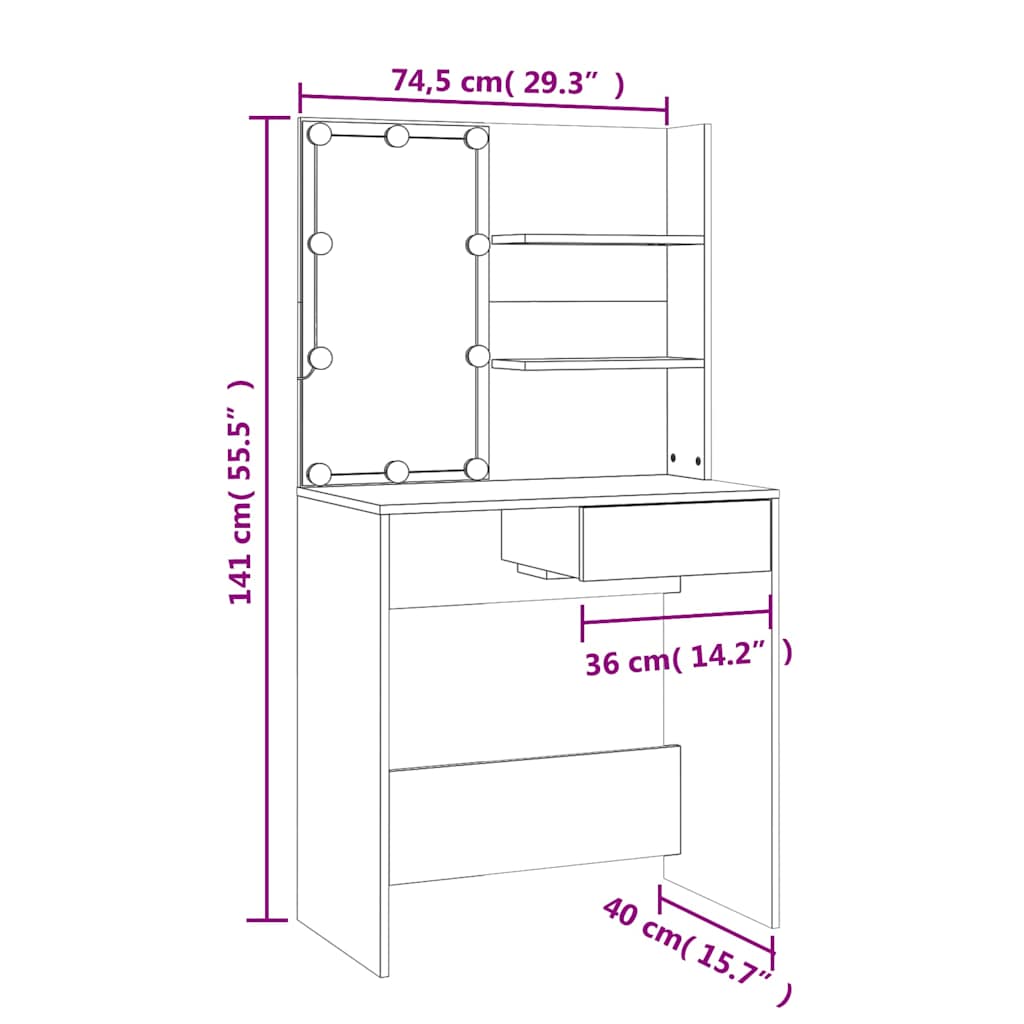 Schminktisch mit LEDs Sonoma-Eiche 74,5x40x141 cm Holzwerkstoff