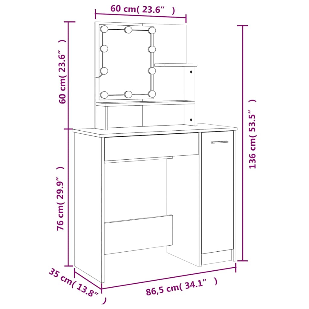 Schminktisch mit LED Sonoma-Eiche 86,5x35x136 cm