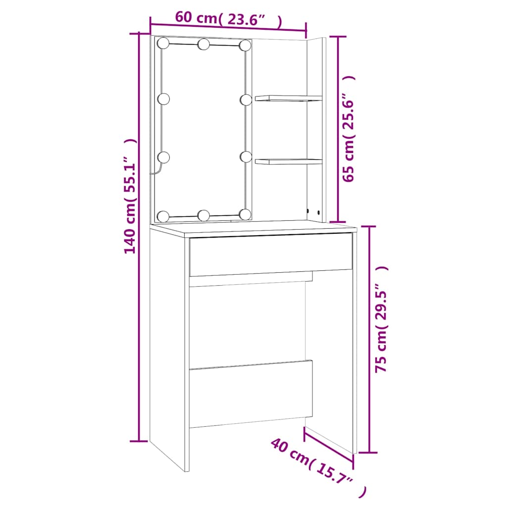 Schminktisch mit LED Sonoma-Eiche 60x40x140 cm