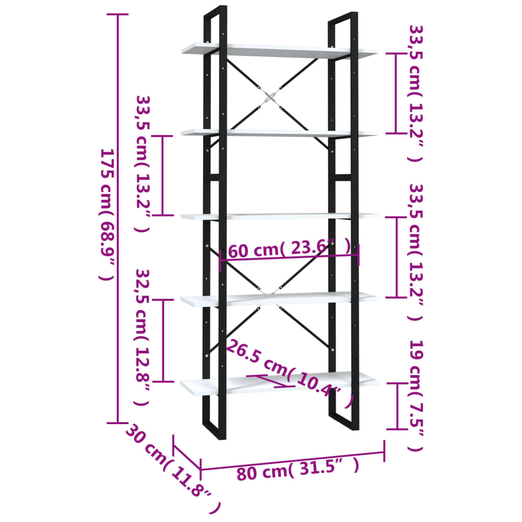 Bookcase 5 compartments white 80x30x175 cm wood material