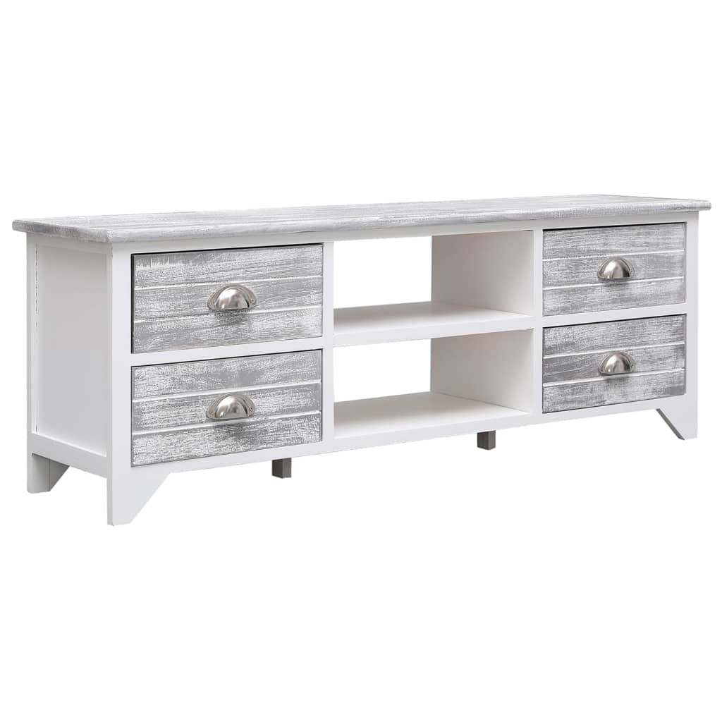 Meuble TV blanc et gris 108x30x40 cm en bois de paulownia massif