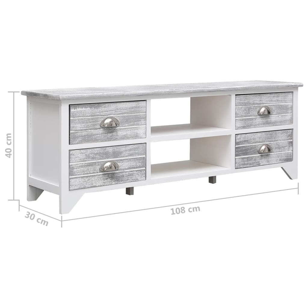 Meuble TV blanc et gris 108x30x40 cm en bois de paulownia massif