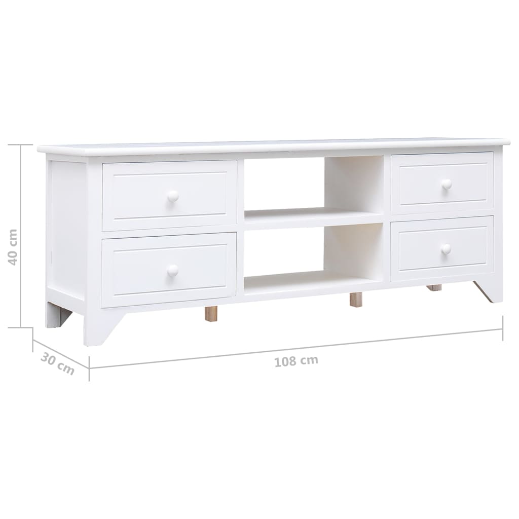Meuble TV blanc 108x30x40 cm en bois de paulownia massif