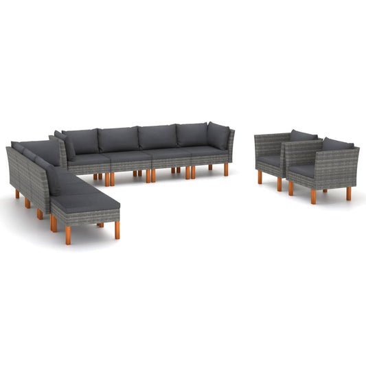 10-tlg. Garten-Lounge-Set Poly Rattan und Eukalyptusholz Grau