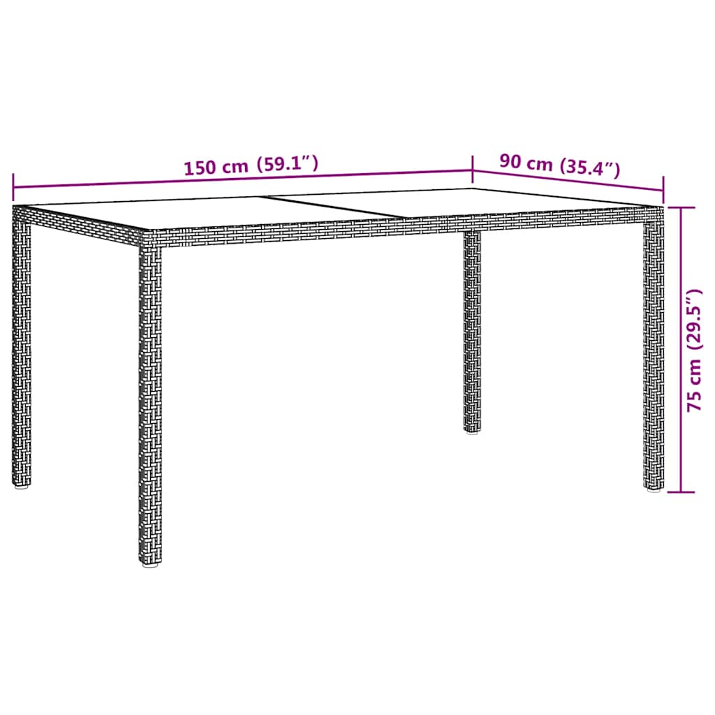 Gartentisch 150x90x75 cm Gehärtetes Glas Poly Rattan Braun