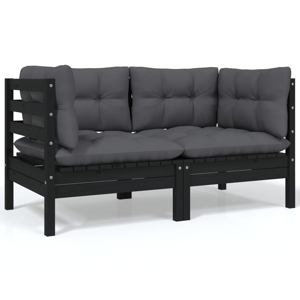 2-Sitzer-Gartensofa mit Kissen Schwarz Massivholz Kiefer