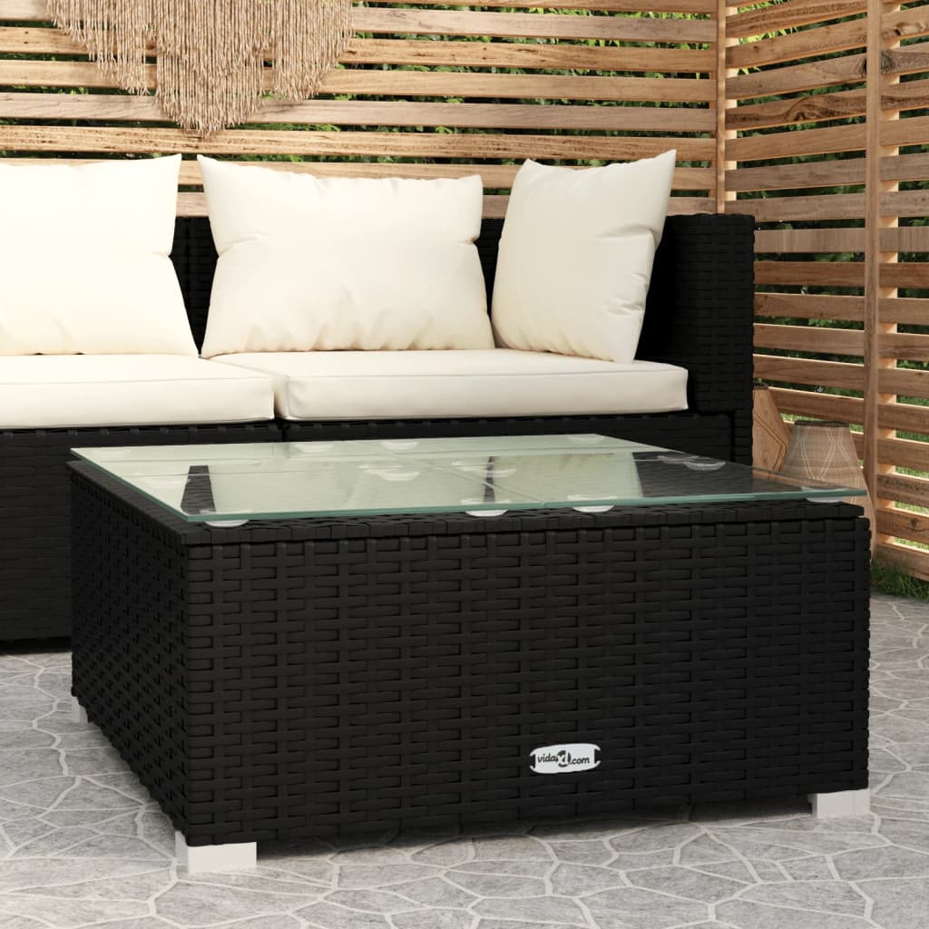Table basse de jardin noire 60x60x30 cm en résine tressée et verre