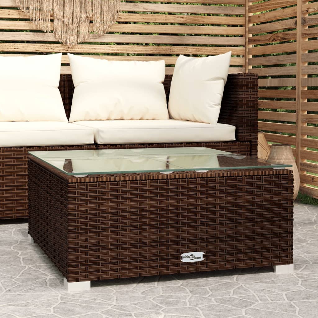 Table basse de jardin marron 60x60x30 cm en résine tressée et verre