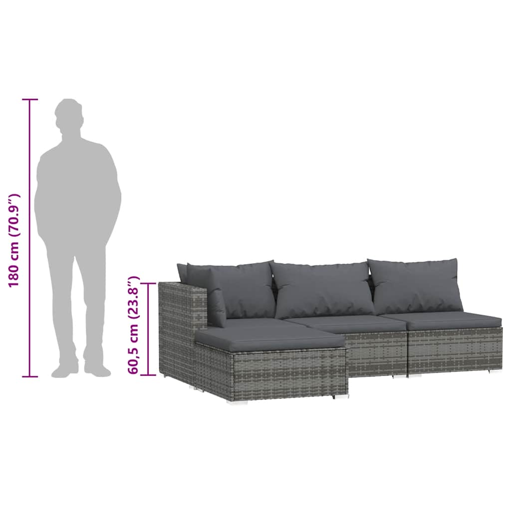 4-tlg. Garten-Lounge-Set mit Kissen Grau Poly Rattan